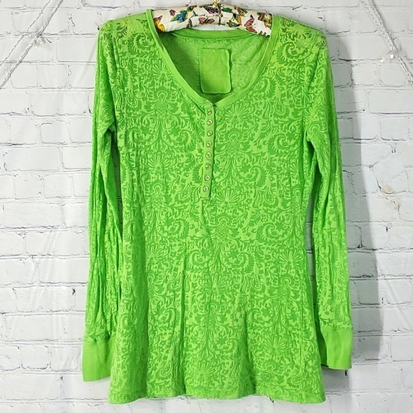 Ariat Tops - Ariat Long Sleeve Neon Green Paisley Sheer Plunge Button Top Shirt Womens Size M